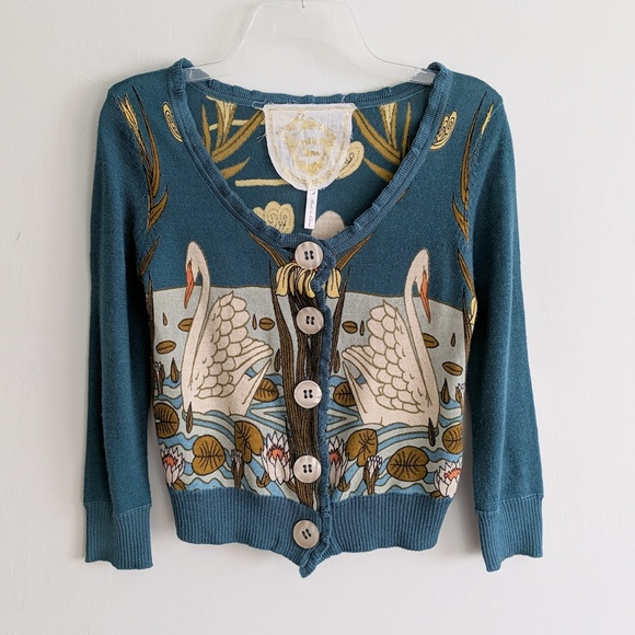 Modcloth Sweaters - Knitted Dove Swan Lake Print Semi Cropped Cardigan